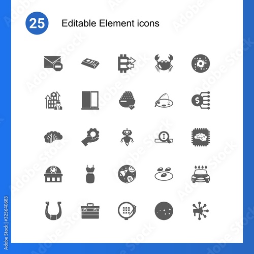 25 element filled icons set isolated on . Icons set with Spam, gold bar, Peer to Peer, Business Company, window, caviar, AI Architecture, Services, AI Robot, observatory icons.