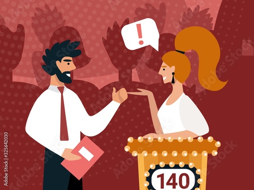 Tv Presenter with Notebook in Hands Stand at Tribune with Scoreboard Communicate with Woman during Quiz Game or Television Show, Young Girl Guessing Quiz Questions. Cartoon Flat Vector Illustration
