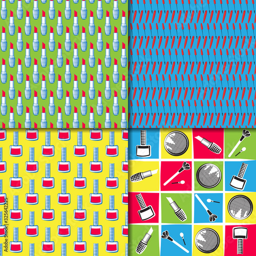 Color vector pop art pattern set with make up elements: mascara, lipstick, brushes and nail polish