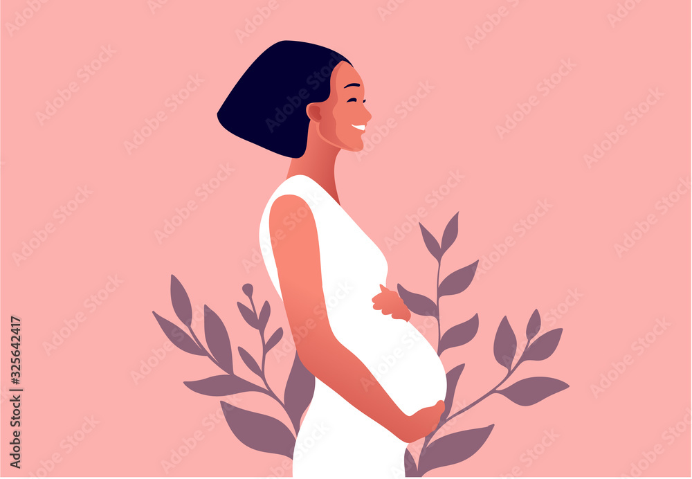 Happy Pregnant Woman Holds Her Belly Active Well Fitted Pregnant Female Character Happy 