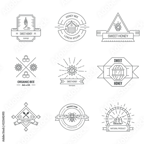 Apiculture linear hipster logo vector templates set. Beekeeping company outline logotypes pack. Natural mead label designs. Various apiary symbol thin line illustrations with typography