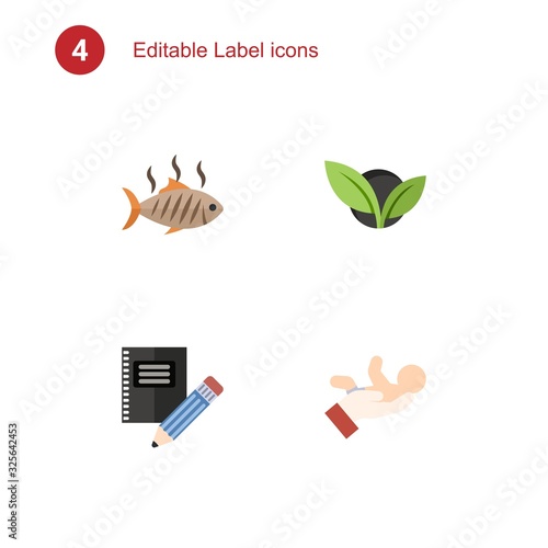 4 label flat icons set isolated on . Icons set with grilled fish, vegetarian, Stationery, babysitting service icons.