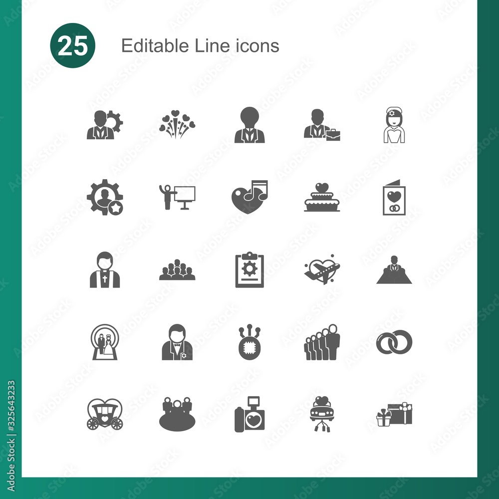 25 line filled icons set isolated on . Icons set with manager, fireworks, creativity, skill, coach, music, priest, employee, project, Wedding, groom, Fork, professional icons. 25 line filled icons set isolated on . Icons set with manager, fireworks, creativity, skill, coach, music, priest, employee, project, Wedding, groom, Fork, professional icons.