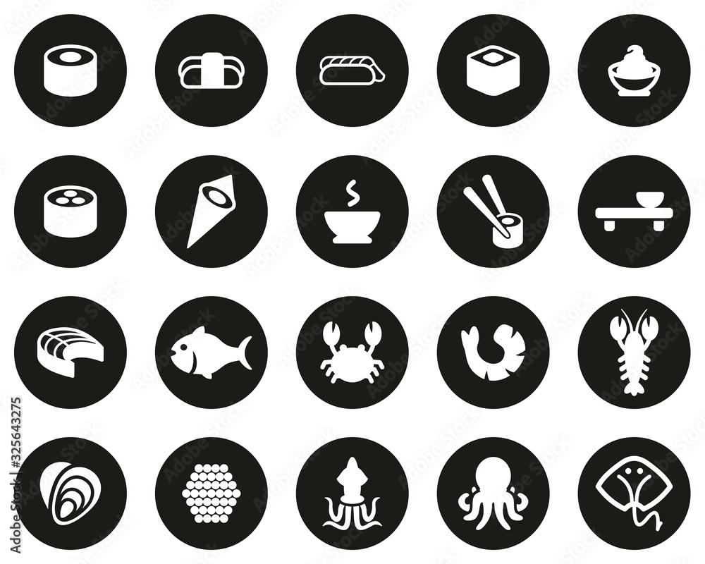 Sushi Icons White On Black Flat Design Circle Set Big Sushi Icons White On Black Flat Design Circle Set Big