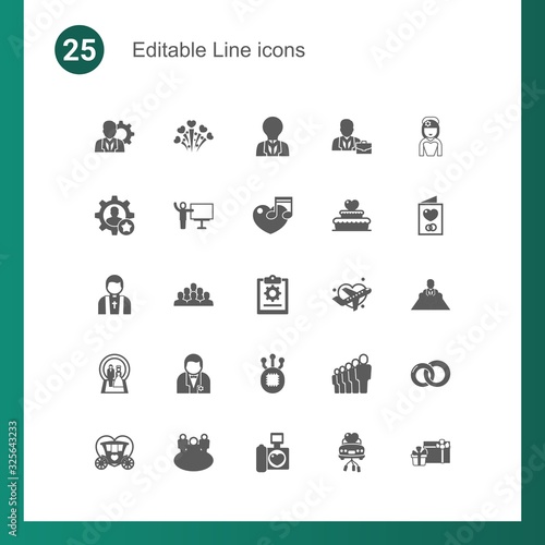 25 line filled icons set isolated on . Icons set with manager, fireworks, creativity, skill, coach, music, priest, employee, project, Wedding, groom, Fork, professional icons.