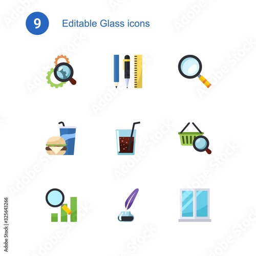 9 glass flat icons set isolated on . Icons set with Search optimization, Drawing tools, Magnifier, Beverage, drinks, Marketing research, Semantic Analysis, Inkwell, window icons.