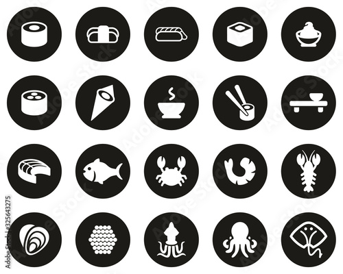 Sushi Icons White On Black Flat Design Circle Set Big