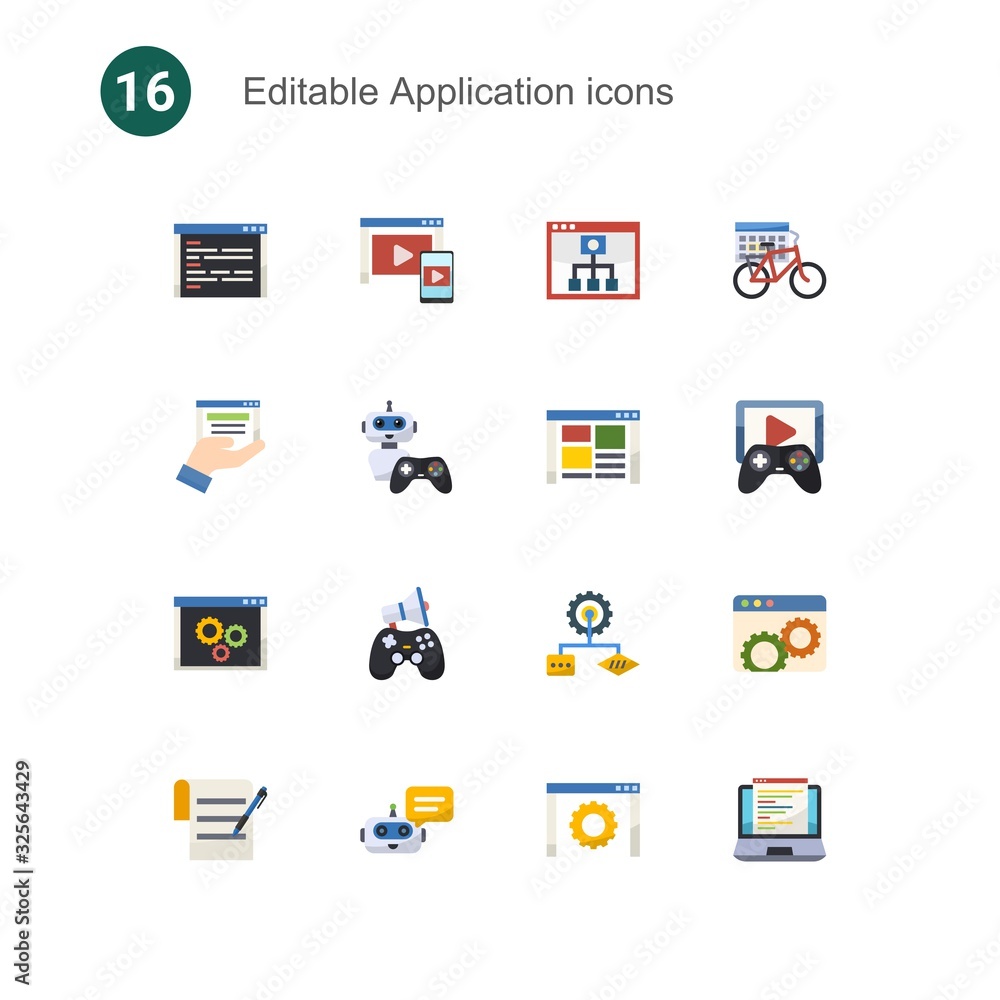 16 application flat icons set isolated on . Icons set with coding, Adaptive Streaming, Mobile Learning, web services, NPC, front end, back end, In-game Advertising, Algorithm icons. 16 application flat icons set isolated on . Icons set with coding, Adaptive Streaming, Mobile Learning, web services, NPC, front end, back end, In-game Advertising, Algorithm icons.