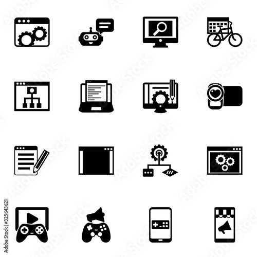 16 application filled icons set isolated on white background. Icons set with Website optimization, Chat Bot, analytics app, Mobile Learning, Web Development, Content management icons.