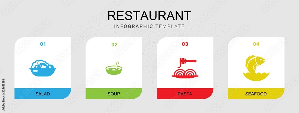 4 restaurant filled icons set isolated on infographic template. Icons set with Salad, Soup, Pasta, Seafood icons.