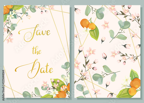 Save the date. Cards / templates with tangerines and pink flowers