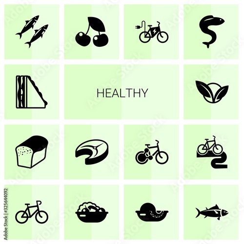 14 healthy filled icons set isolated on white background. Icons set with sandwich, bread, fish steak, vegetarian, sardine, cherry, elektro bike, eel, Bike, Salad, seafood icons.
