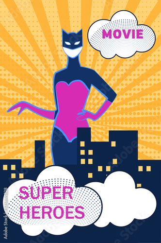 Superhero Movie Halftone Retro Poster. Woman in Cat Costume and Mask Stand at Night City. Advertising Promotion Picture, Film Festival, Blockbuster. Cartoon Flat Vector Illustration, Vertical Banner
