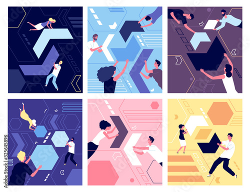 People and geometric shapes. Puzzle collection, organization or teamwork. Group of person collecting abstract chaos vector illustration. Organization abstraction puzzle, businessman collecting