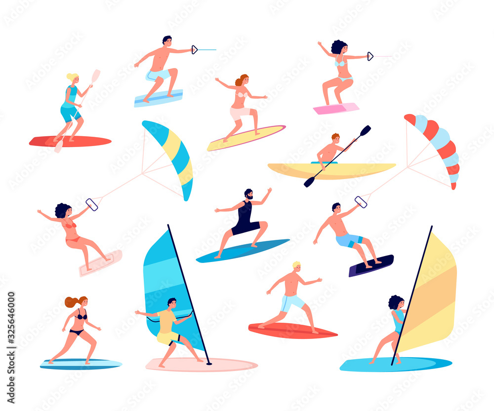 Water sports. Canoes, extreme sea lifestyle. Surfing and windsurfing, people recreational ocean outdoor activity. Summer leisure vector set. Windsurfing surfer sailing, sportsman outdoor illustration Water sports. Canoes, extreme sea lifestyle. Surfing and windsurfing, people recreational ocean outdoor activity. Summer leisure vector set. Windsurfing surfer sailing, sportsman outdoor illustration