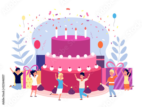 Kids birthday party. Children celebration, friends with balloons and confetti. Cake, gifts and candles, group girls and boys vector concept. Party celebration, holiday kids with confetti illustration