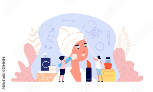 Beauty salon. Parlor customer, women makeup workshop and beautician. Flat female products for skin or skincare consultation vector concept. Illustration makeup salon, beauty hairstyle and cosmetology