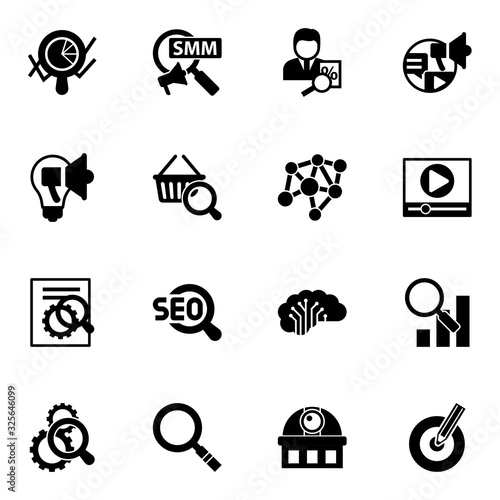 16 research filled icons set isolated on white background. Icons set with Marketing analytics, Social Marketing, tax consultant, Creative campaign, Marketing research, Neural network icons.