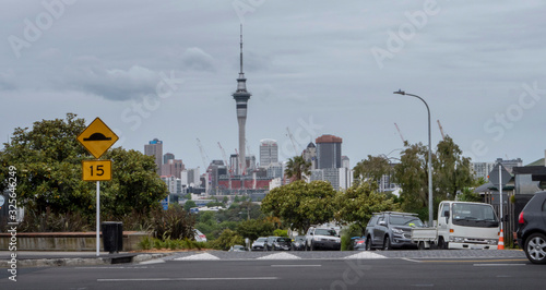 Ponsonby Auckland New Zealand skytower and traffic