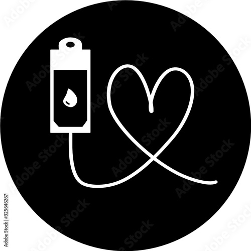 Blood in black circle icon. Blood donation bag with tube shaped as a heart. EPS10 vector format. web site design, icon, logo, app, UI. Vector illustration. World blood donor. 