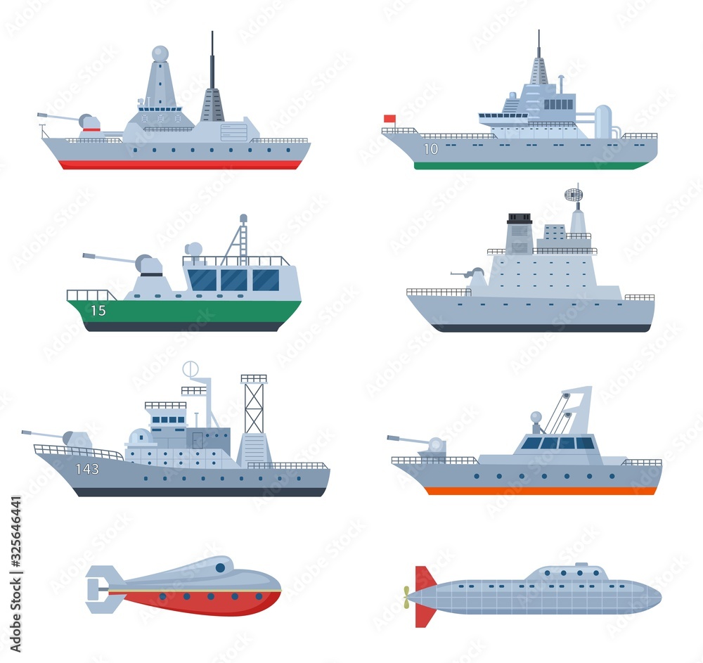 Military boats. Combatant warship, security frigate. Isolated naval defense combat icons. Force and war navy, flat battleship vector set. Military weapon, warship and combat vessel illustration