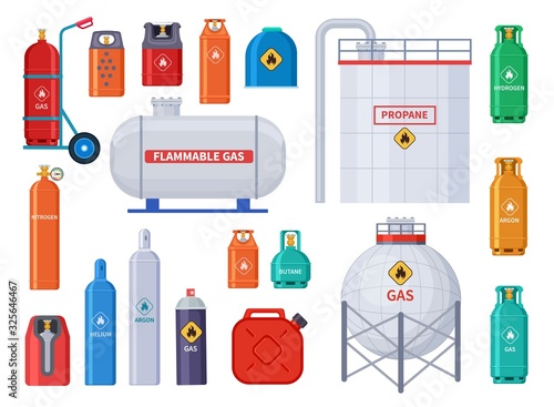 Gas storage. Oxygen, oil cylinders tank and containers. Home and industrial petroleum industry equipment. Bottles and canister vector icons. Fuel oxygen storage, gas tank and canister illustration