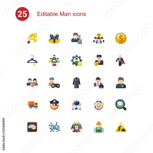 25 man flat icons set isolated on . Icons set with success  team  Accountant  Clothes  colleague  skill  couple  gamer  coat  Webinar  pirate  astronaut  Collaborative idea icons.