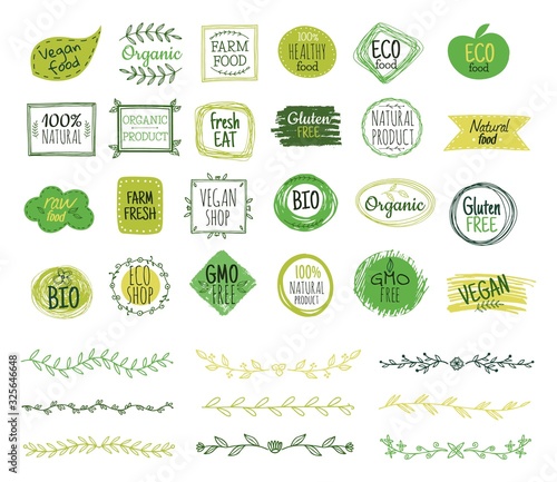Eco emblems. Organic logo, green leaf borders. Natural fresh food stamps. Doodle branches, nature ornament. Vector healthy products stickers. Healthy botanical eco, organic health sticker illustration