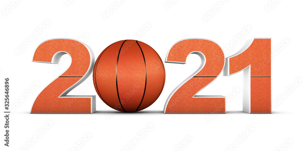 basketball ball and volumetric inscription 2021. 3d render.