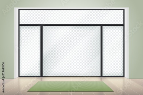 Meditation or yoga room interior. Big glass wingow frame with transparent background. Realistic relax studio vector illustration. Yoga interior room with window, fitness home studio indoor