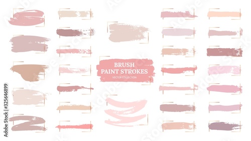 Pastel brush strokes. Creative spots, gold frames and pink palette samples. Fashion makeup blush swatches. Beautiful rose grunge paint vector collection. Illustration pastel texture, watercolor brush