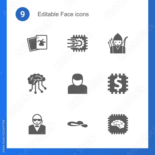 9 face filled icons set isolated on . Icons set with Joker, Machine learning, archer, Deep learning, User, Blended Learning, security, woman hat, Artificial Intelligence icons.