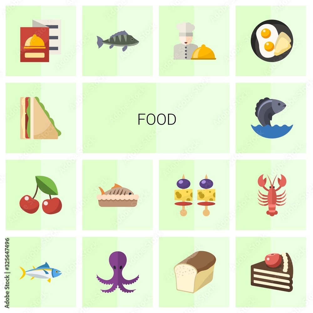 14 food flat icons set isolated on white background. Icons set with sandwich, cherry, baked fish, Seafood, restaurant menu, perch, chefs dish, breakfast, tuna, octopus icons.