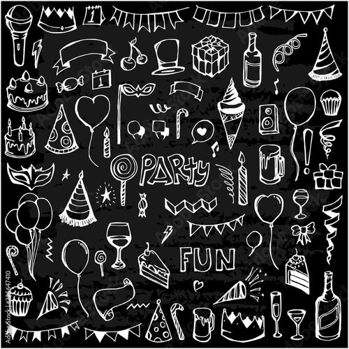 Set of Party Drawing illustration Hand drawn doodle Sketch line vector on chalkboard eps10