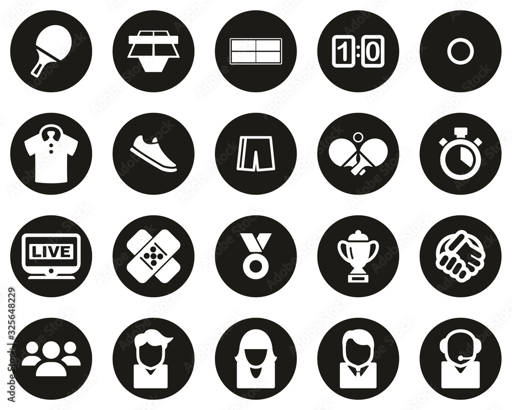 Table Tennis Sport & Equipment Icons White On Black Flat Design Circle Set Big Table Tennis Sport & Equipment Icons White On Black Flat Design Circle Set Big