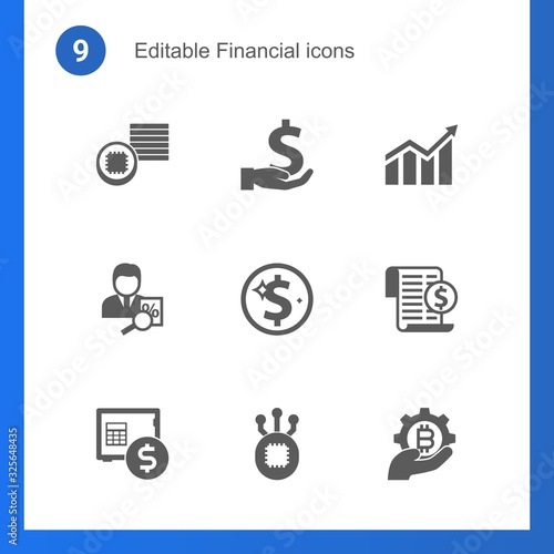 9 financial filled icons set isolated on . Icons set with Tokens, investment, Profit, tax consultant, Net Income, Expenses, rent deposit, Fork, fintech industry icons.