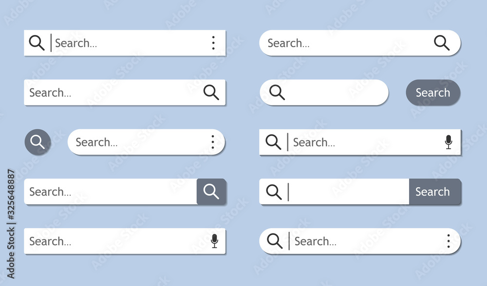 Set of white search bar isolated on blue background with shadows. Searching internet browse. Menu for site, app, interface with button. Empty search frame for web adress. Modern elements UI. Vector. Set of white search bar isolated on blue background with shadows. Searching internet browse. Menu for site, app, interface with button. Empty search frame for web adress. Modern elements UI. Vector.