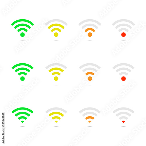 Wi-fi signal strength on white template. Maximum, medium, minimum wireless strength signal. Connection antenna router. Green, yellow, orange, red indicator. High, low level signal. Free set. Vector.