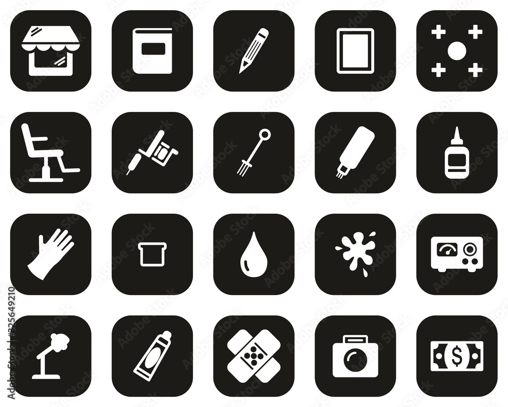 Tattoo Shop & Equipment Icons White On Black Flat Design Set Big Tattoo Shop & Equipment Icons White On Black Flat Design Set Big