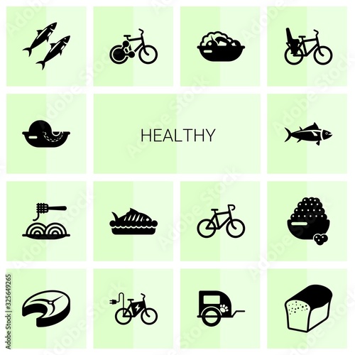 14 healthy filled icons set isolated on white background. Icons set with seafood, Pasta, baked fish, tuna, sardine, bike sharing, Salad, Bike Child seat, fish steak, elektro bike icons.