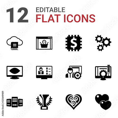 12 concept filled icons set isolated on white background. Icons set with Email Marketing, ecommerce solutions, Blended Learning, Computer Vision, Webinar, cogwheel, Big data icons.