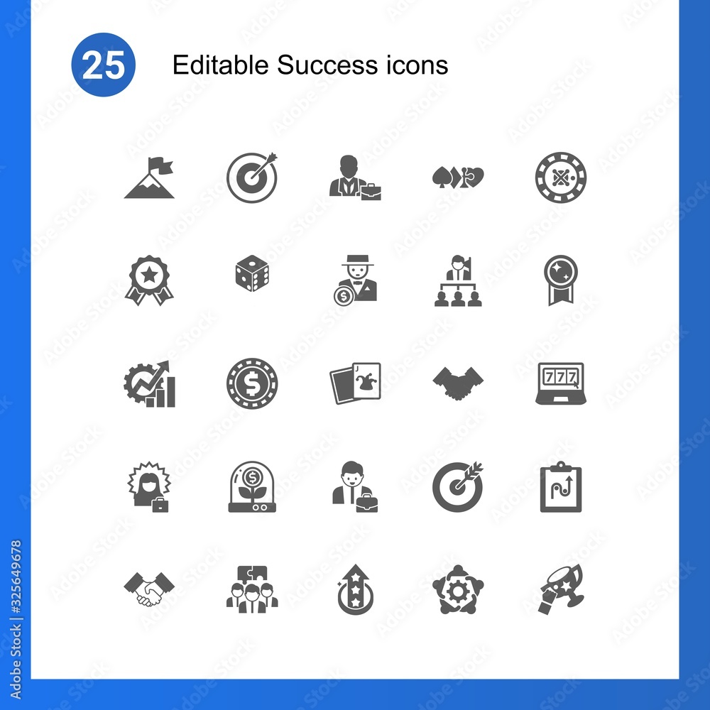 25 success filled icons set isolated on . Icons set with attainment, Target, professional, achievement, dice, rich man, Productivity, casino Chip, Joker, successful woman icons. 25 success filled icons set isolated on . Icons set with attainment, Target, professional, achievement, dice, rich man, Productivity, casino Chip, Joker, successful woman icons.