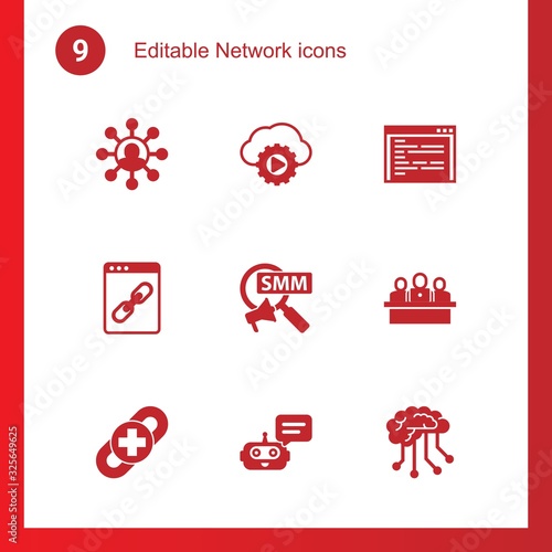 9 network filled icons set isolated on . Icons set with Affiliate marketing, Streaming service, coding, Web Link, Social Marketing, developers team, link building, Chat Bot icons.