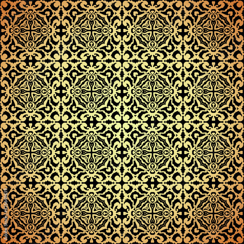 Damask luxury seamless background. Filigree oriental ornament. Decorative colorful pattern in mosaic ethnic style.Arabian gold and black motifs.