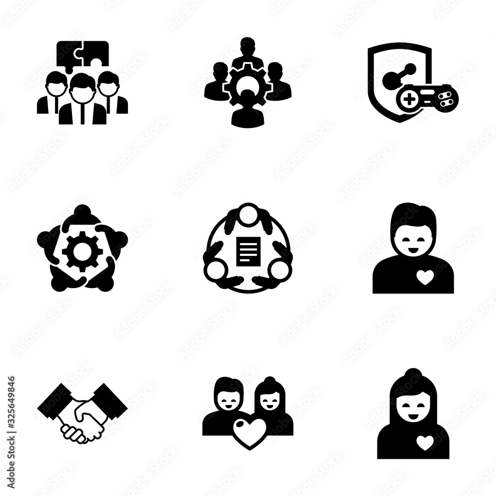 9 together filled icons set isolated on white background. Icons set with Team building, colleague, game clan, teamwork, girlfriend, Partnership, couple, boyfriend icons. 9 together filled icons set isolated on white background. Icons set with Team building, colleague, game clan, teamwork, girlfriend, Partnership, couple, boyfriend icons.