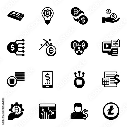 16 banking filled icons set isolated on white background. Icons set with gold bar, fintech innovation, crypto-exchange, Marketing budget, Mining, Cryptocurrency, Tokens icons.