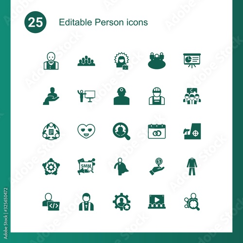 25 person filled icons set isolated on . Icons set with Croupier, employee, successful woman, client, coach, worker, teamwork, happiness, Target Audience, Social Media Marketing icons.