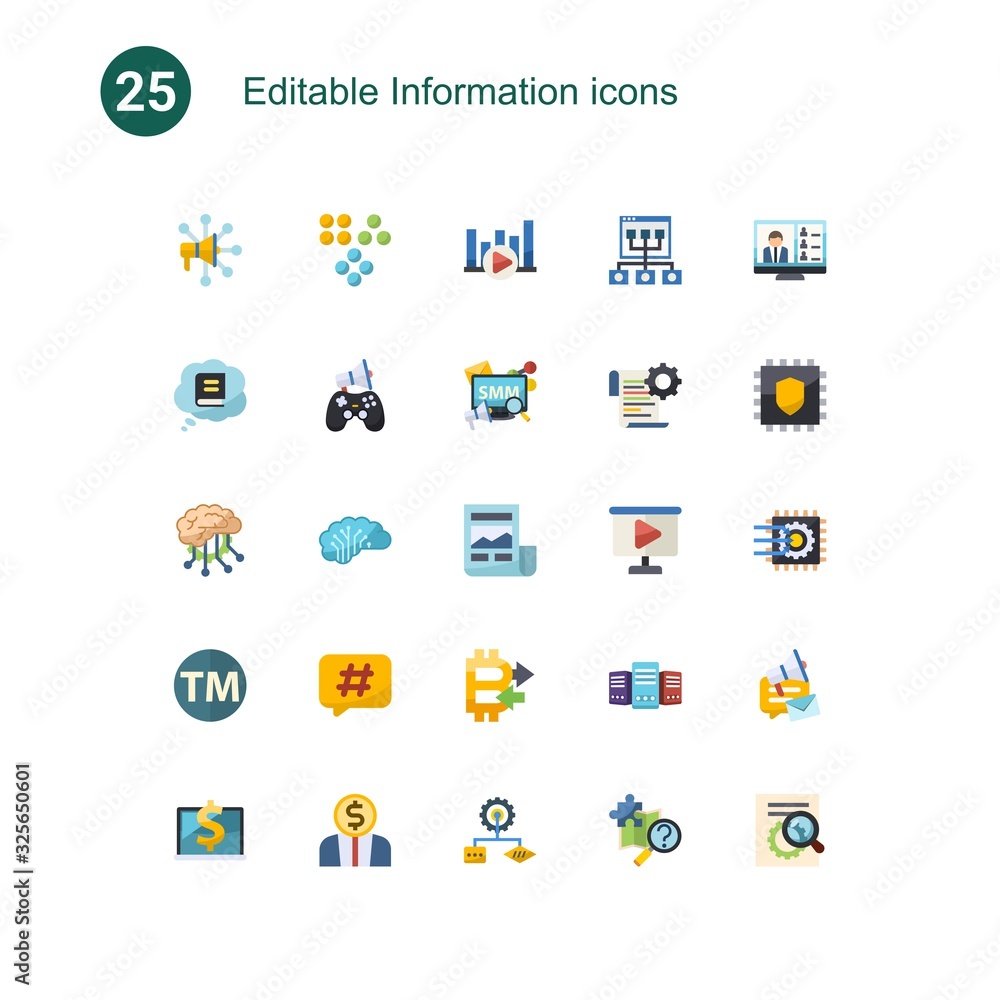 25 information flat icons set isolated on . Icons set with Advertising Networks, Clustering, Bitrate, Knowledge, In-game Advertising, Social Media Marketing, Deep learning icons. 25 information flat icons set isolated on . Icons set with Advertising Networks, Clustering, Bitrate, Knowledge, In-game Advertising, Social Media Marketing, Deep learning icons.