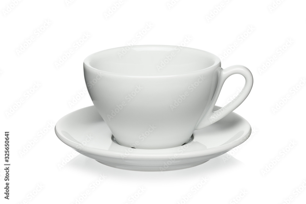 White porcelain cup and saucer for cappuccino isolated on a white background White porcelain cup and saucer for cappuccino isolated on a white background