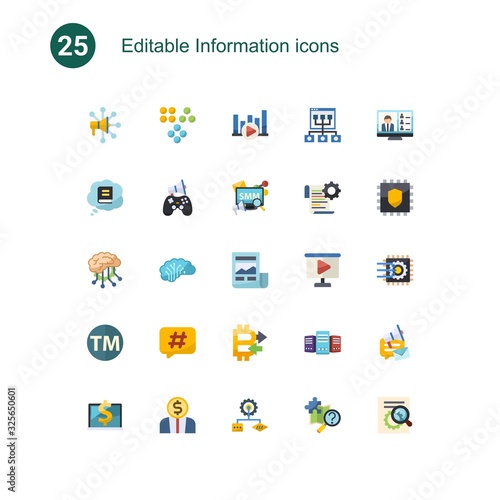25 information flat icons set isolated on . Icons set with Advertising Networks, Clustering, Bitrate, Knowledge, In-game Advertising, Social Media Marketing, Deep learning icons.
